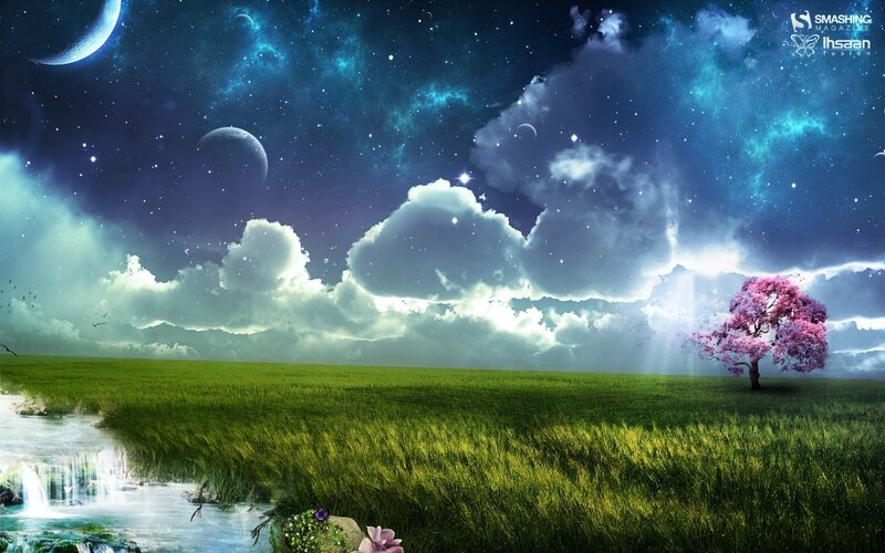 Cosmic landscape with pink tree