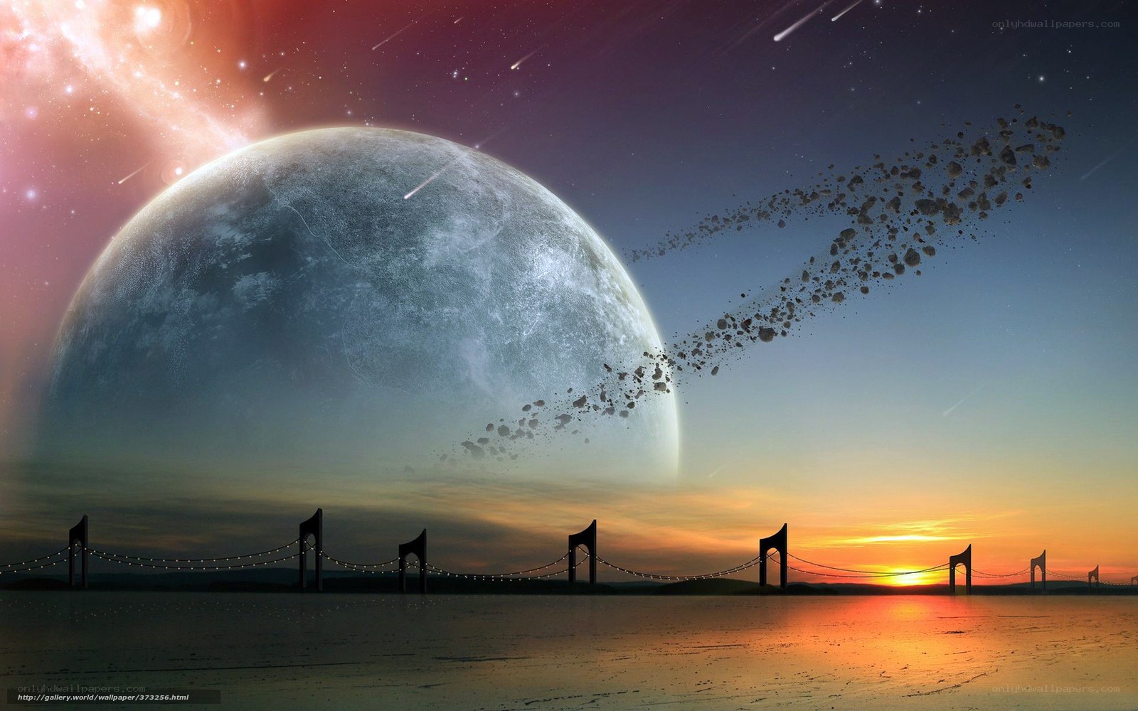 Cosmic landscape with planet and bridge