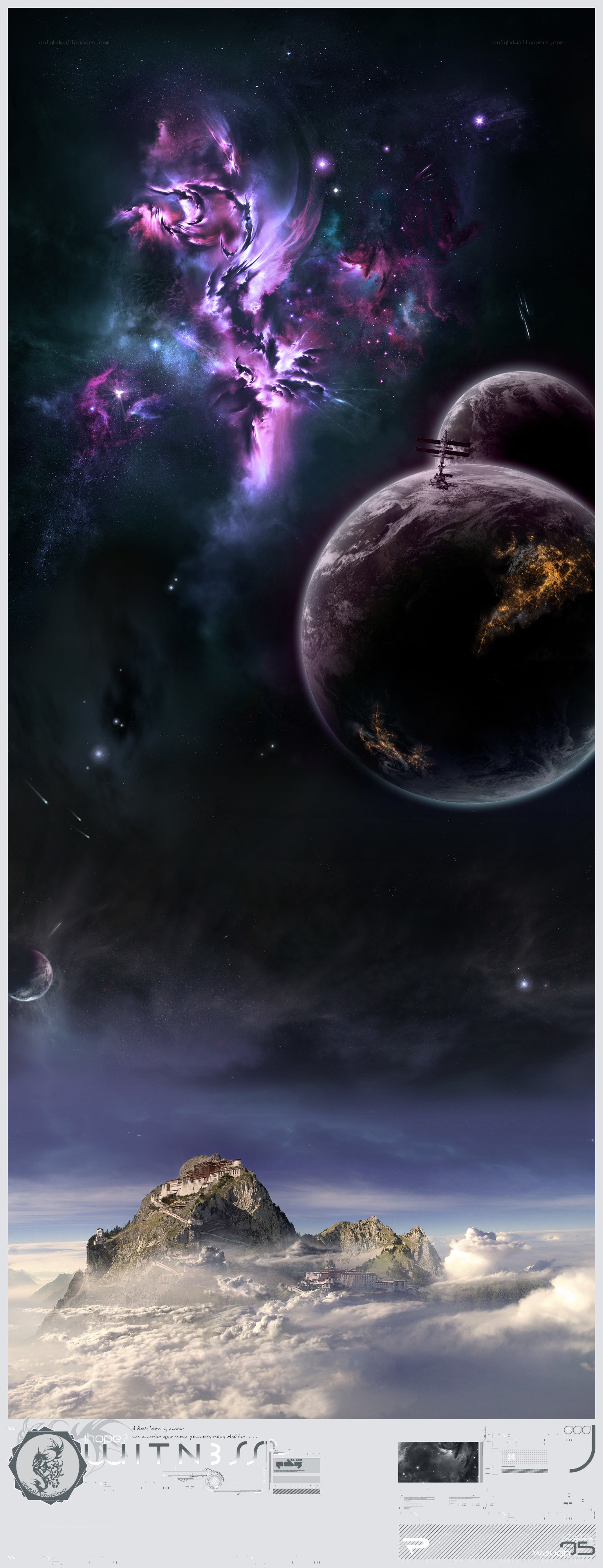 Cosmic landscape with planet and nebula
