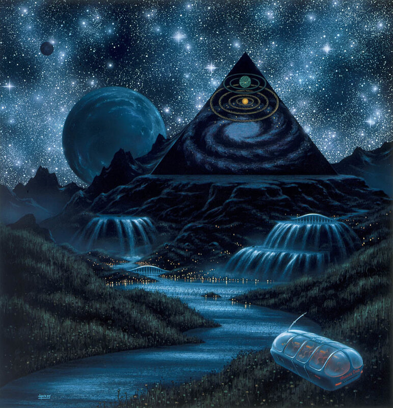 Cosmic landscape with pyramid
