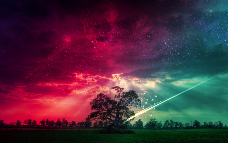 Cosmic landscape with tree