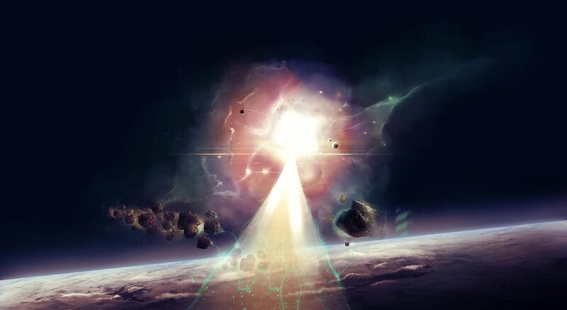Cosmic light beam over planet