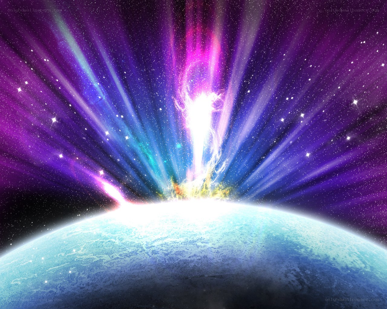 Cosmic light burst over planet