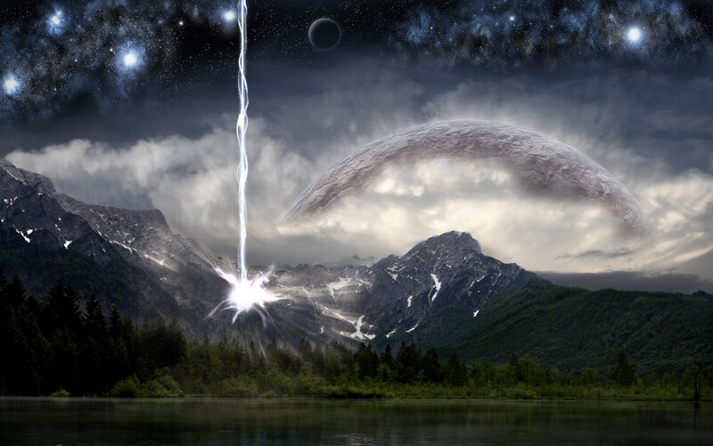 Cosmic lightning over mountains