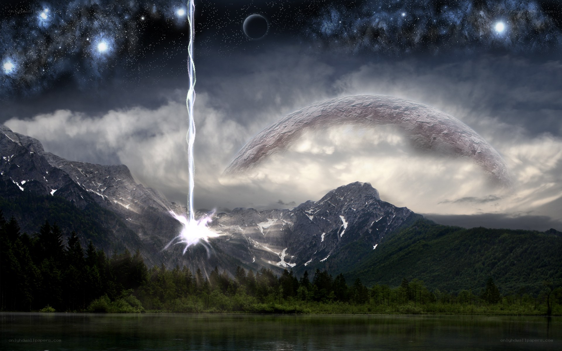 Cosmic lightning over mountains