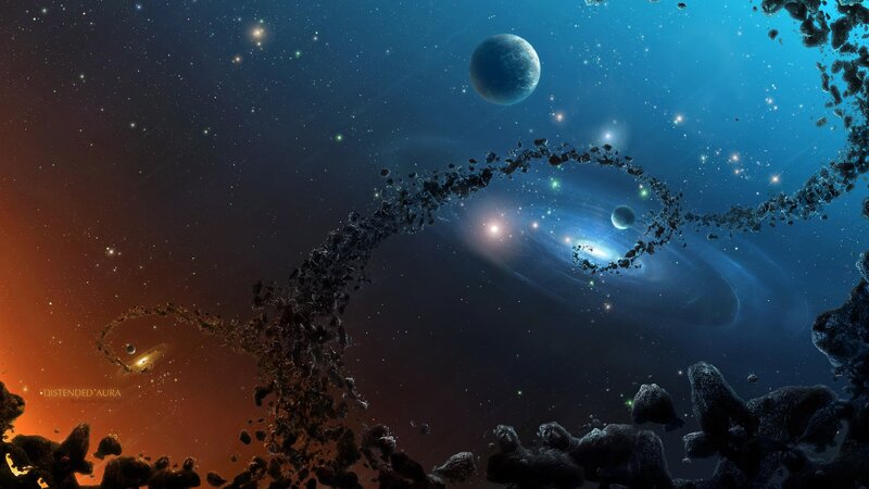 cosmic nebula and asteroids