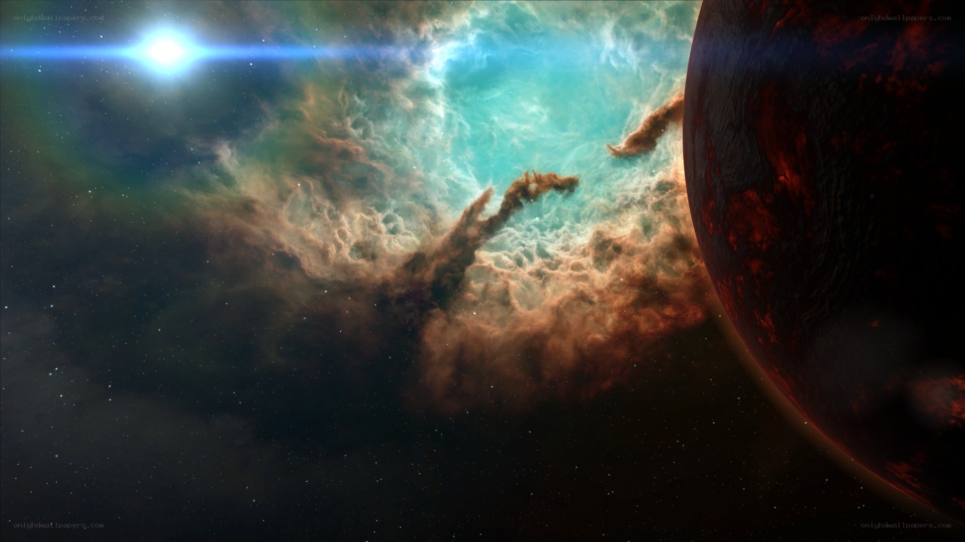 Cosmic nebula and planet