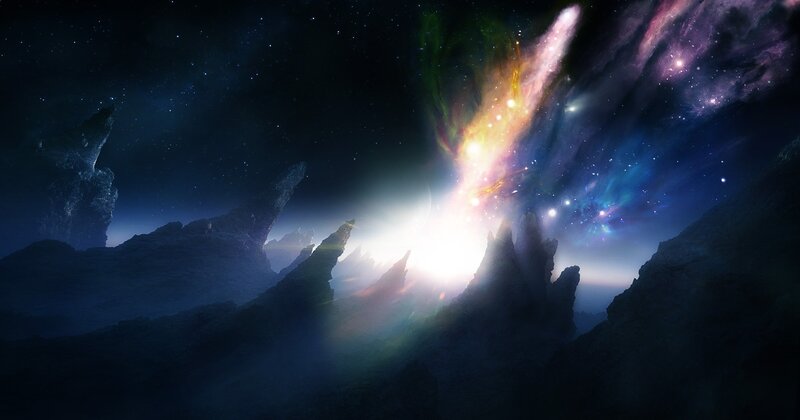 cosmic nebula over alien landscape