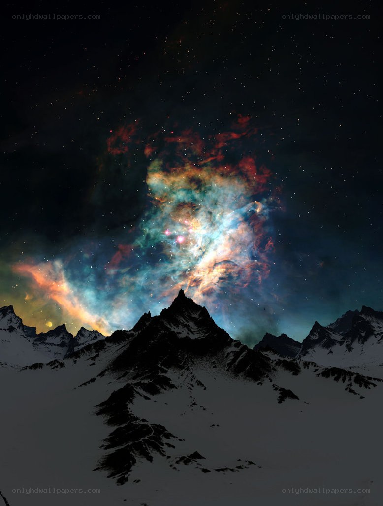 Cosmic Nebula Over Snowy Peaks