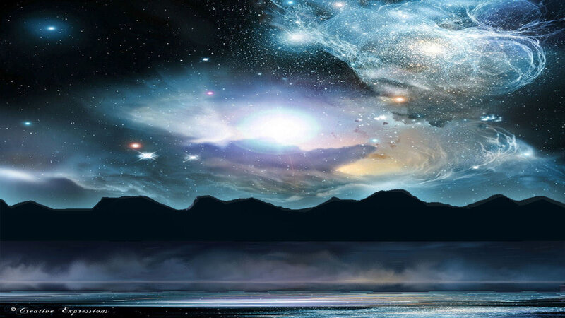 Cosmic Nebula over Water — Blue