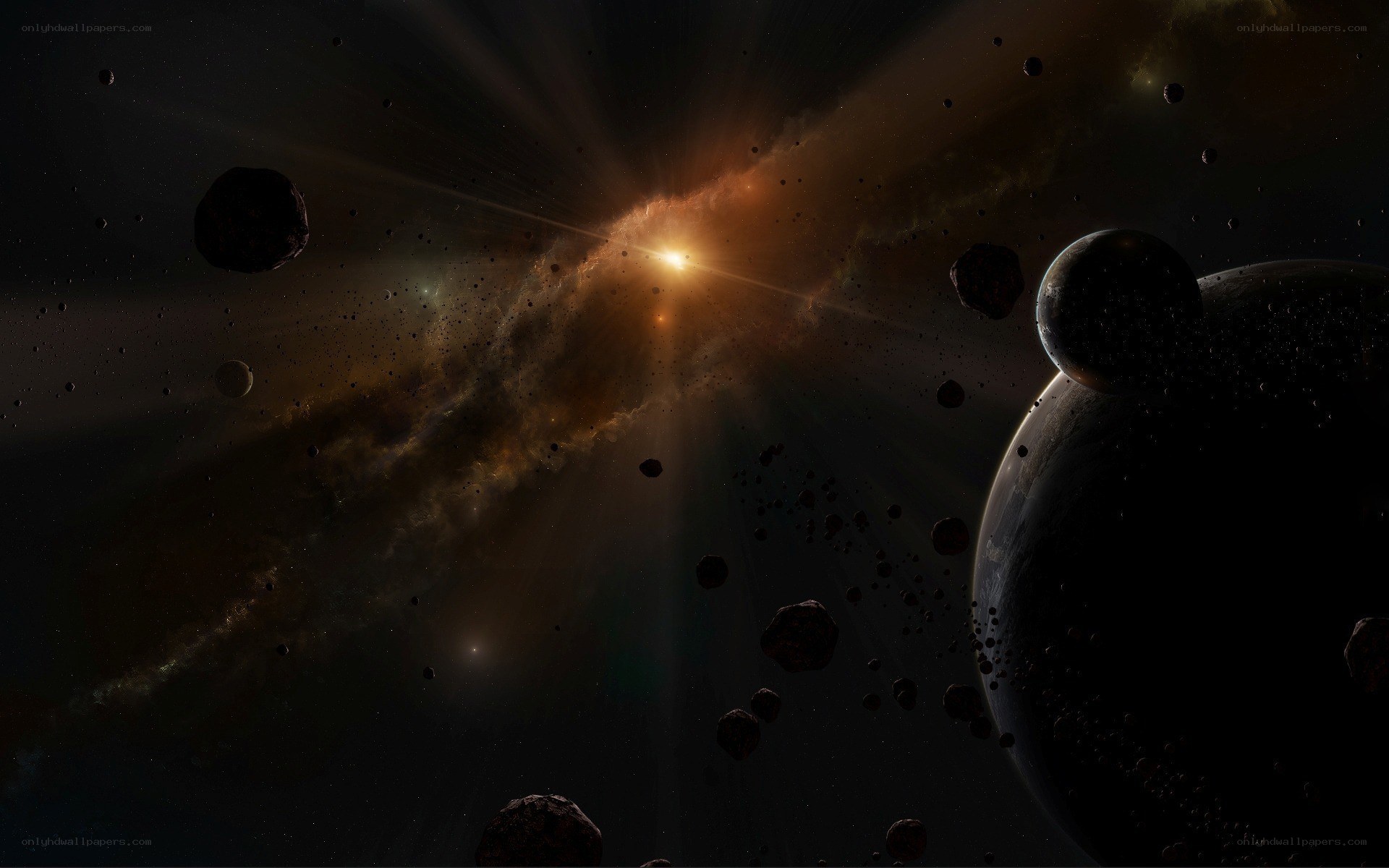 Cosmic nebula with asteroids