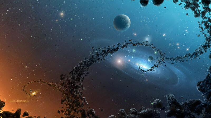 Cosmic nebula with asteroids