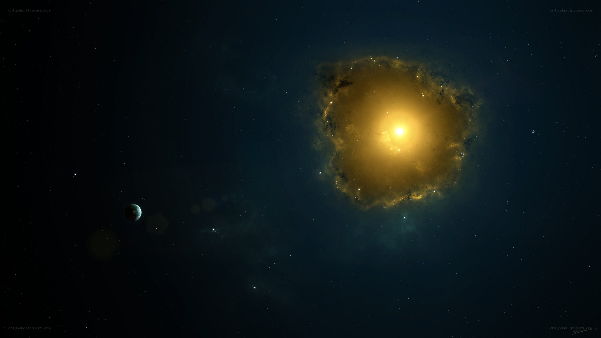 Cosmic nebula with planet