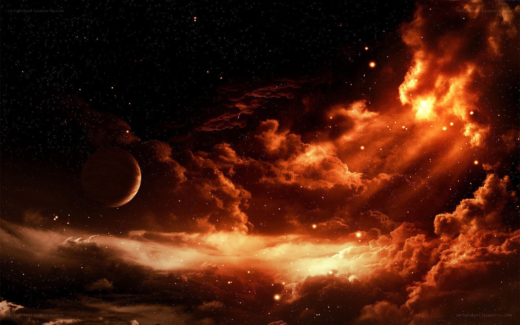 Cosmic nebula with planet