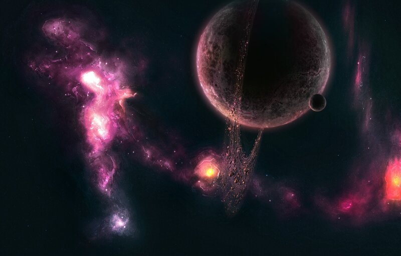 Cosmic nebula with planet