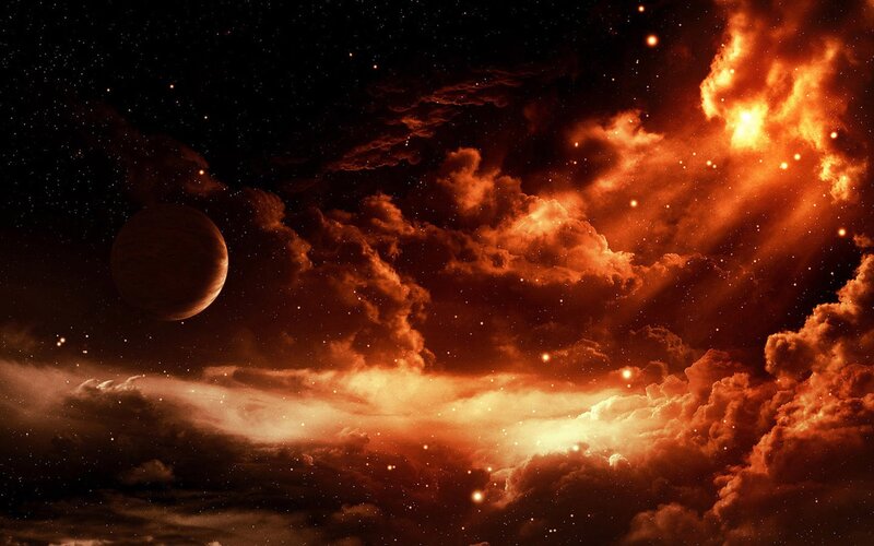 Cosmic nebula with planet