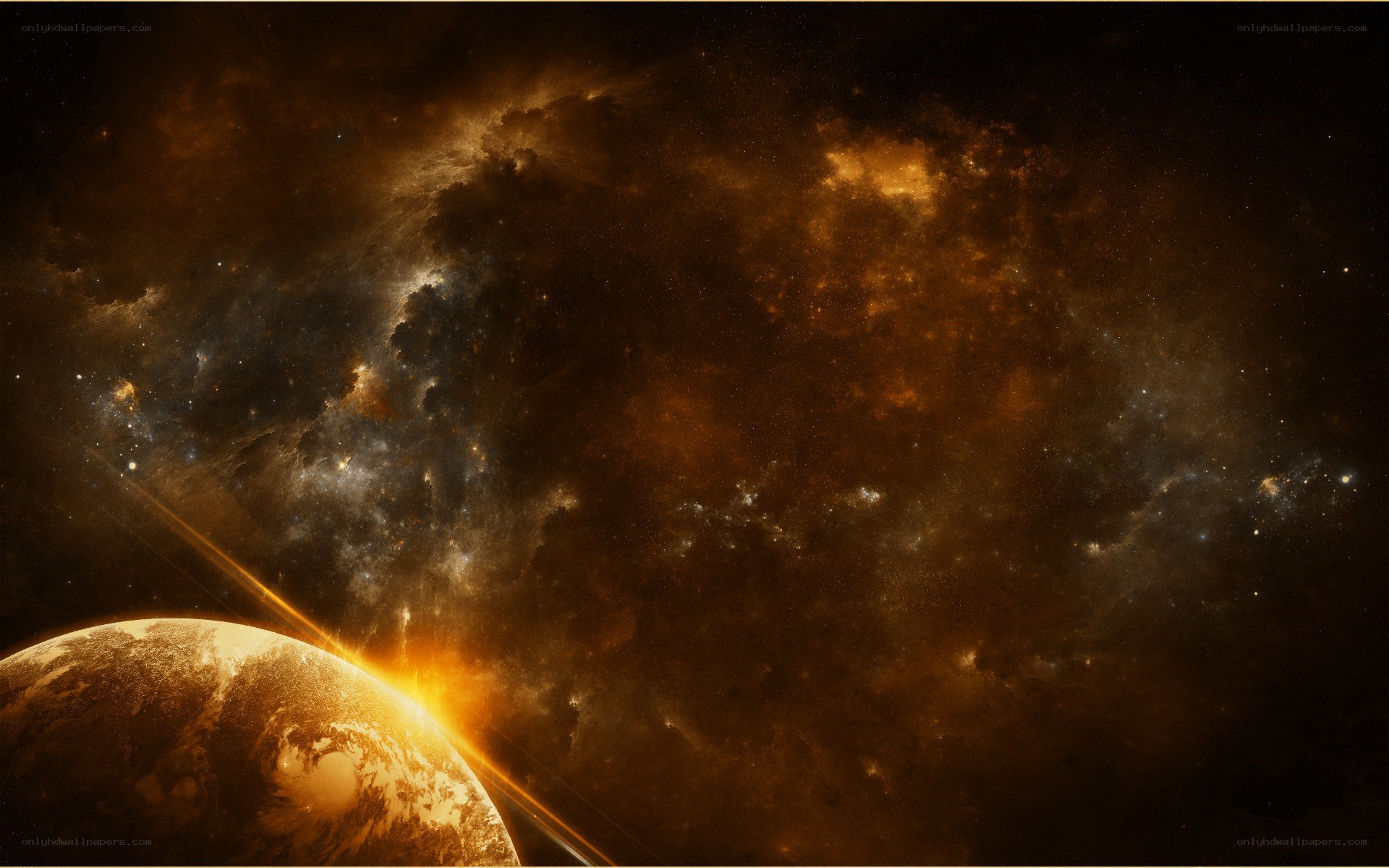 Cosmic nebula with planet