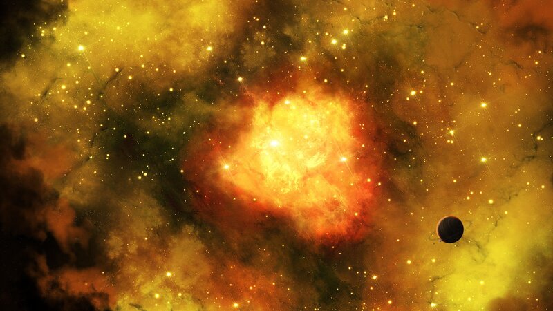 Cosmic nebula with planet