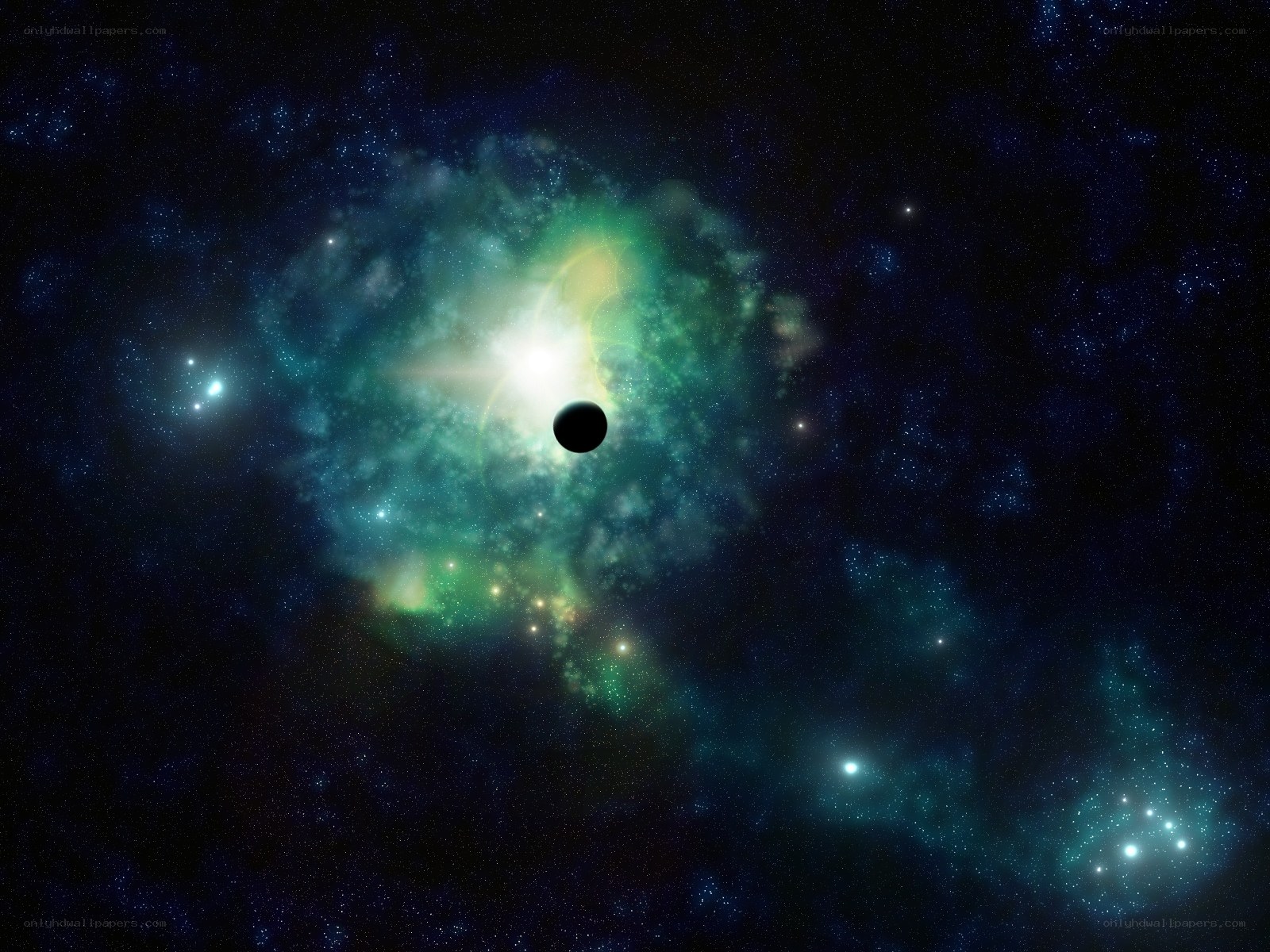 Cosmic nebula with planet