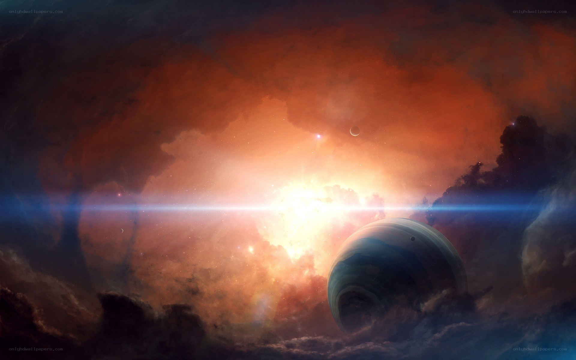 Cosmic nebula with planets