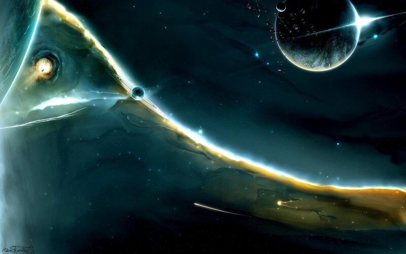 Cosmic nebula with planets