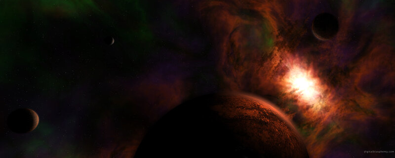 Cosmic nebula with planets