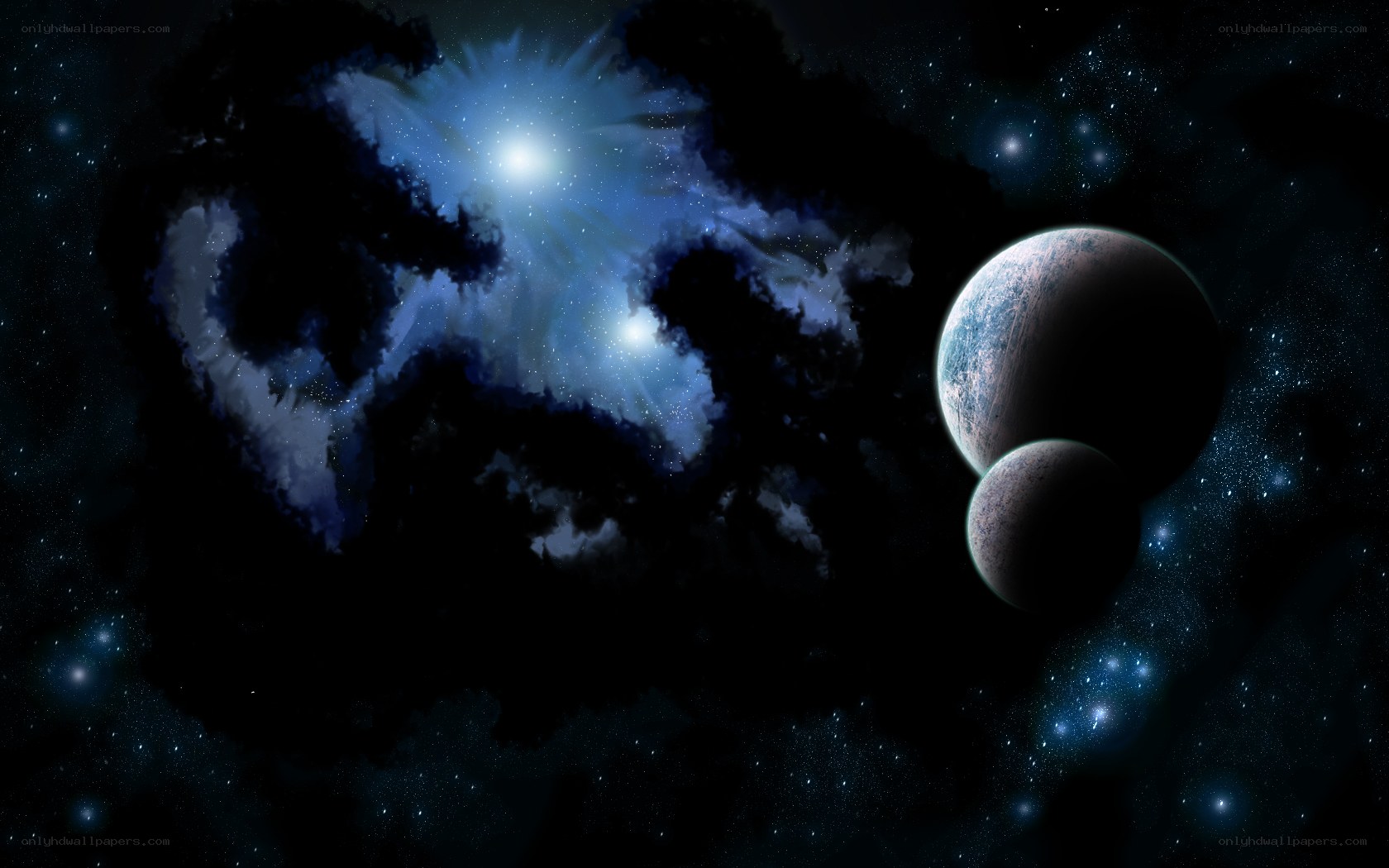 Cosmic nebula with planets