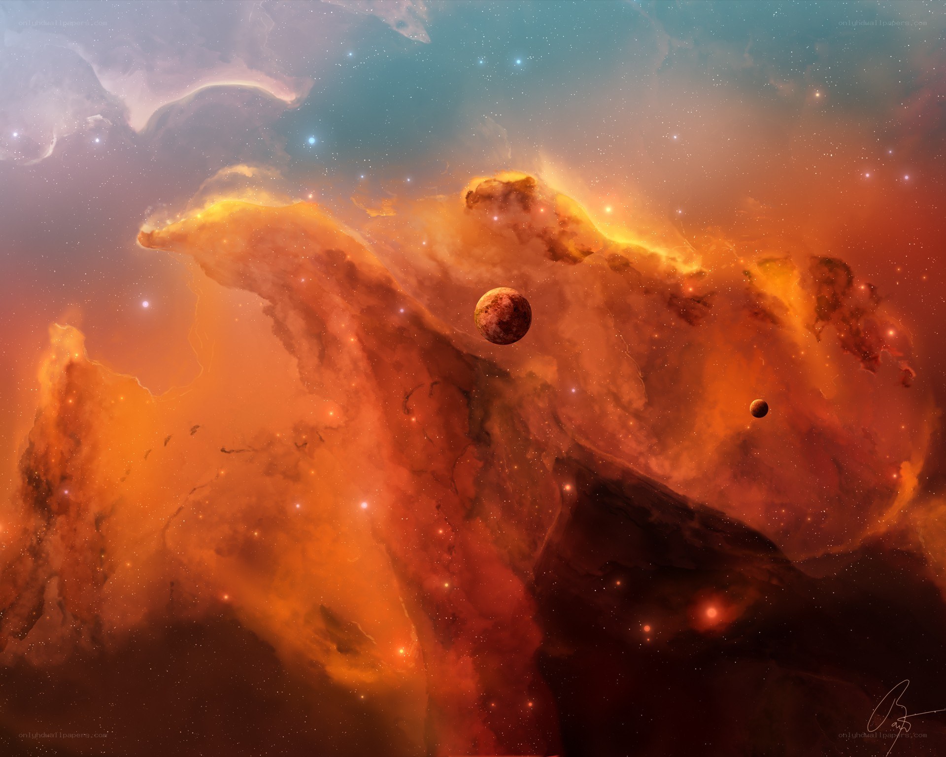Cosmic Nebula with Planets
