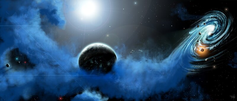 cosmic nebula with planets