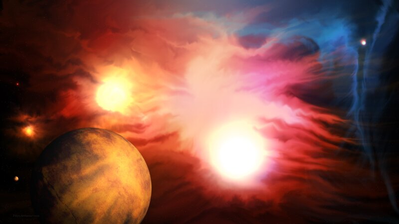 Cosmic nebula with planets