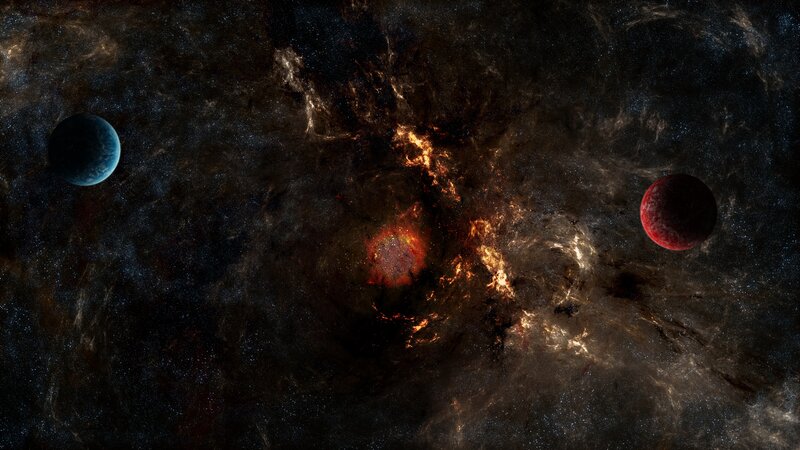 Cosmic nebula with planets