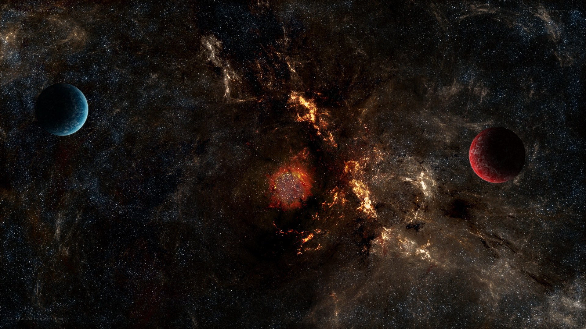 Cosmic nebula with planets
