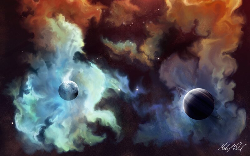 Cosmic Nebula with Planets