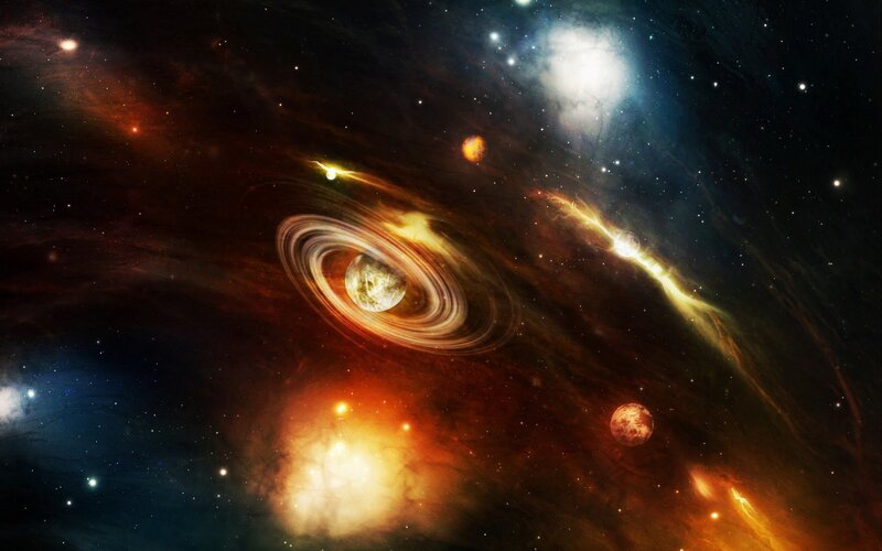 Cosmic nebula with planets