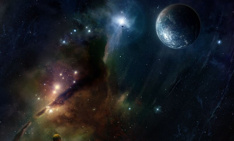 Cosmic nebula with planets