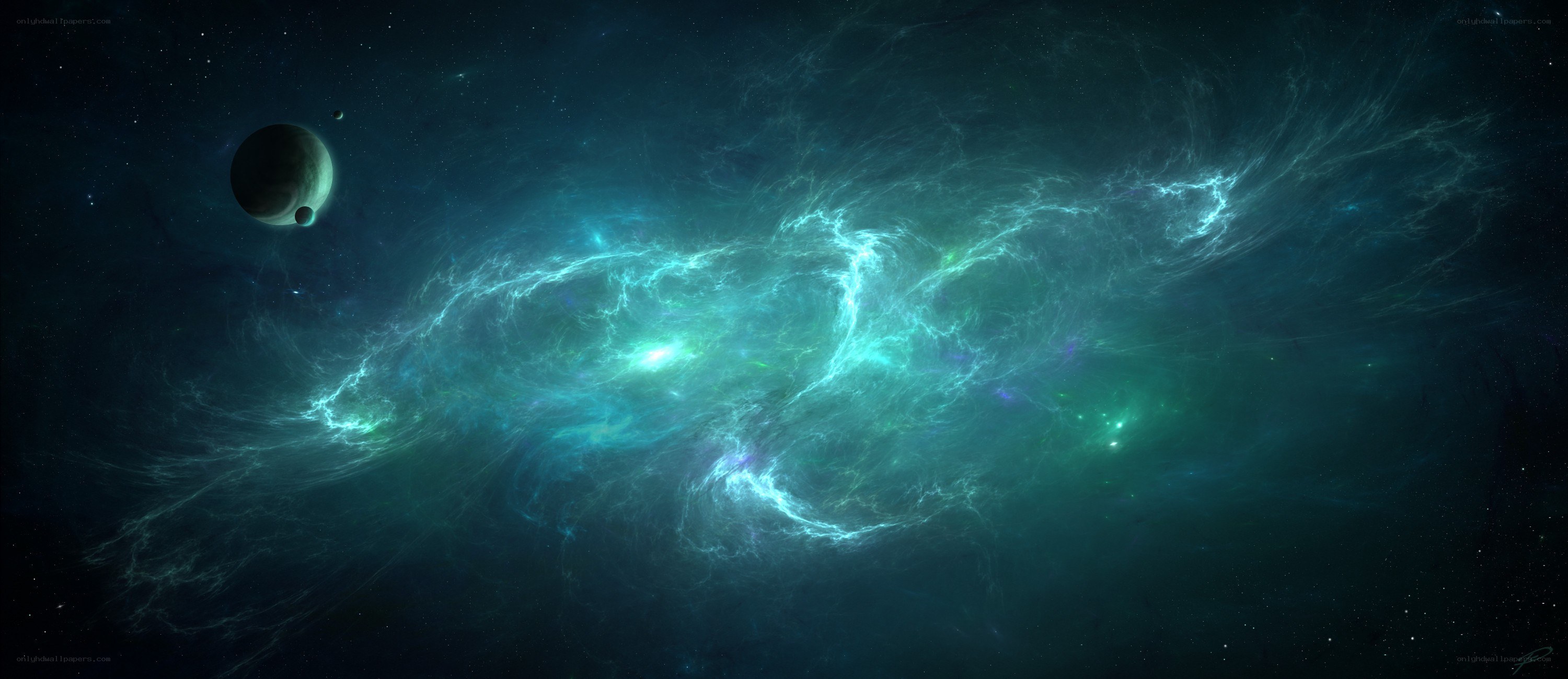 Cosmic nebula with planets