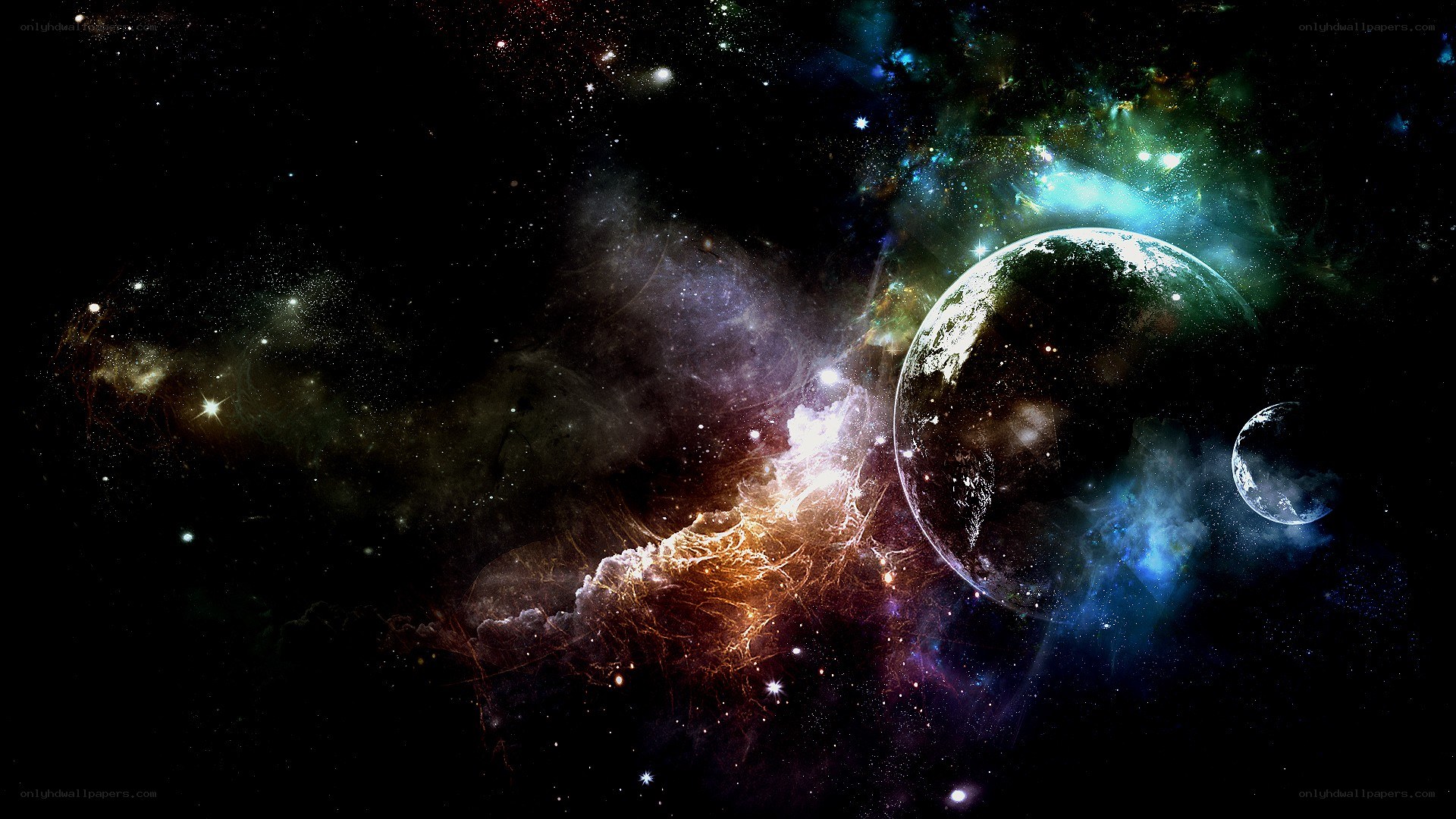 cosmic nebula with planets