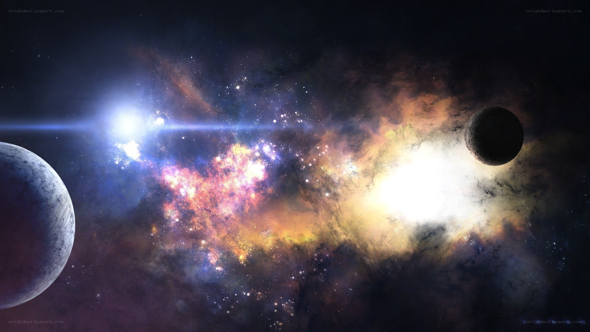 cosmic nebula with planets