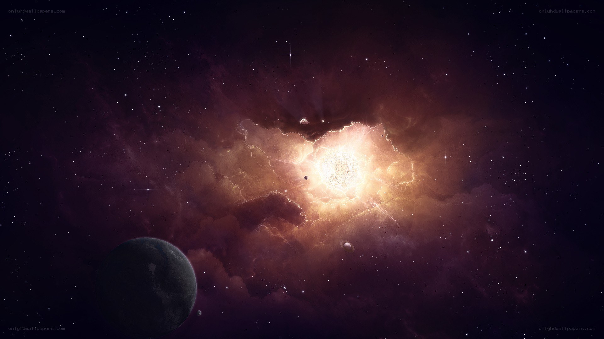 Cosmic nebula with planets