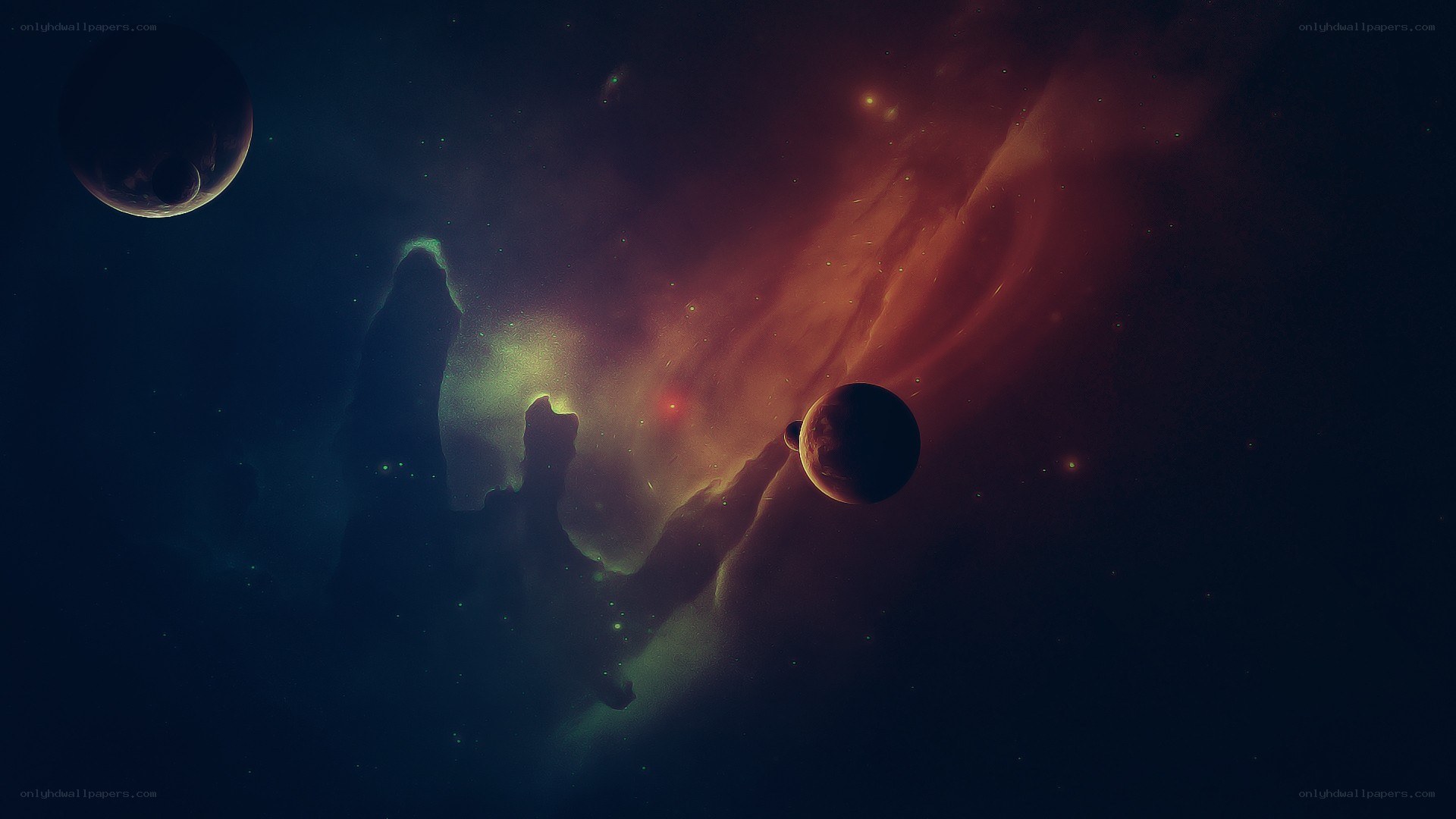 cosmic nebula with planets