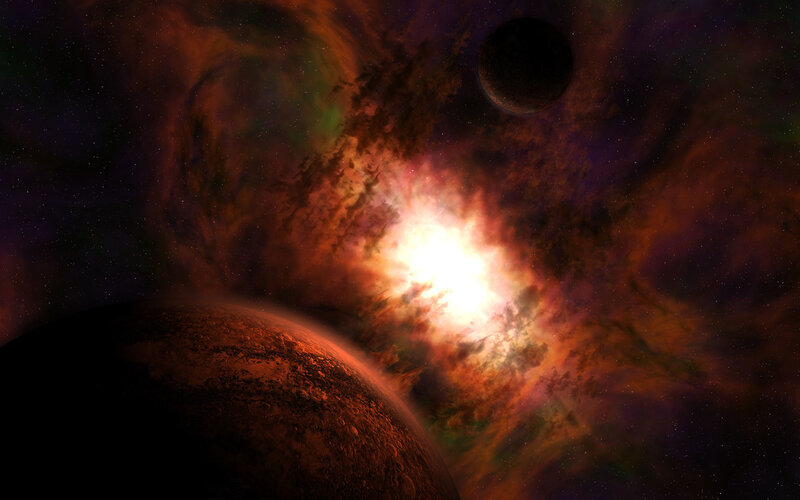 Cosmic nebula with planets
