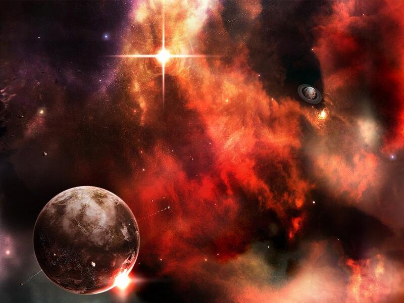 Cosmic nebula with planets
