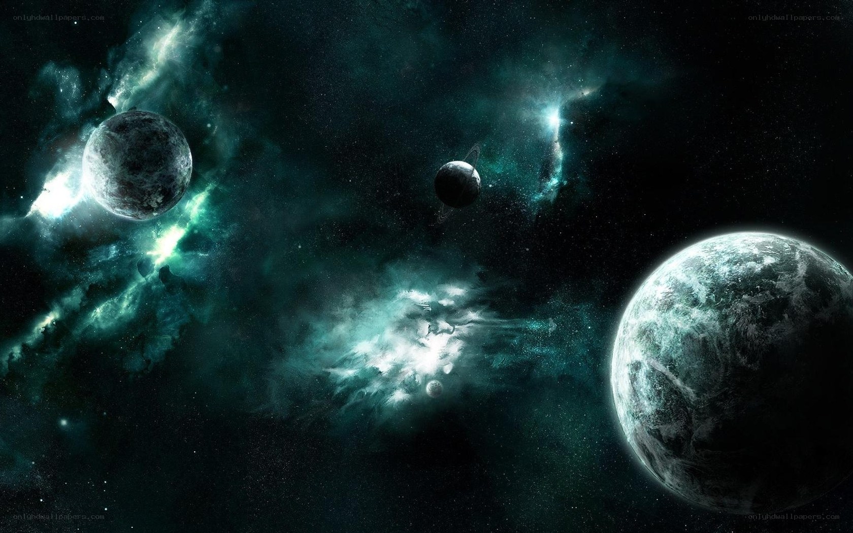 Cosmic nebula with planets