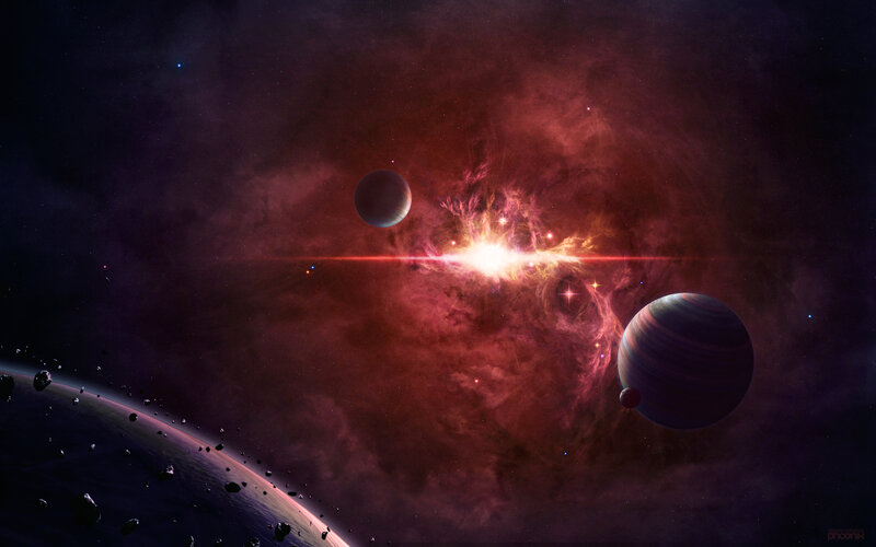 Cosmic Nebula with Planets