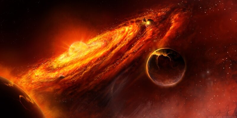 Cosmic nebula with planets