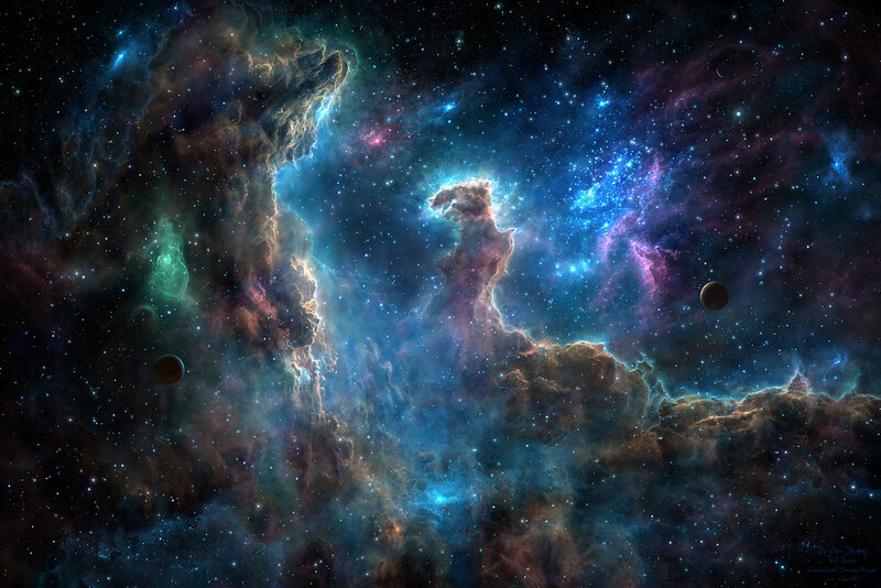 Cosmic Nebula with Planets — Blue, Dramatic, Night, Digital Art, Stars