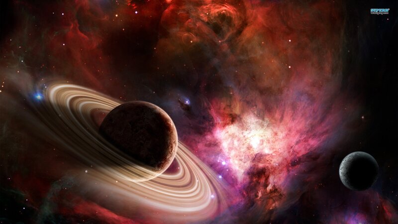 Cosmic nebula with ringed planet