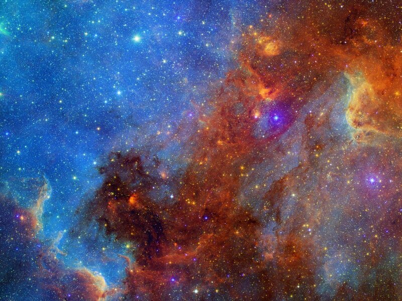 Cosmic Nebula with Stars — Blue, Photograph, Gas Clouds, Dust, Orange
