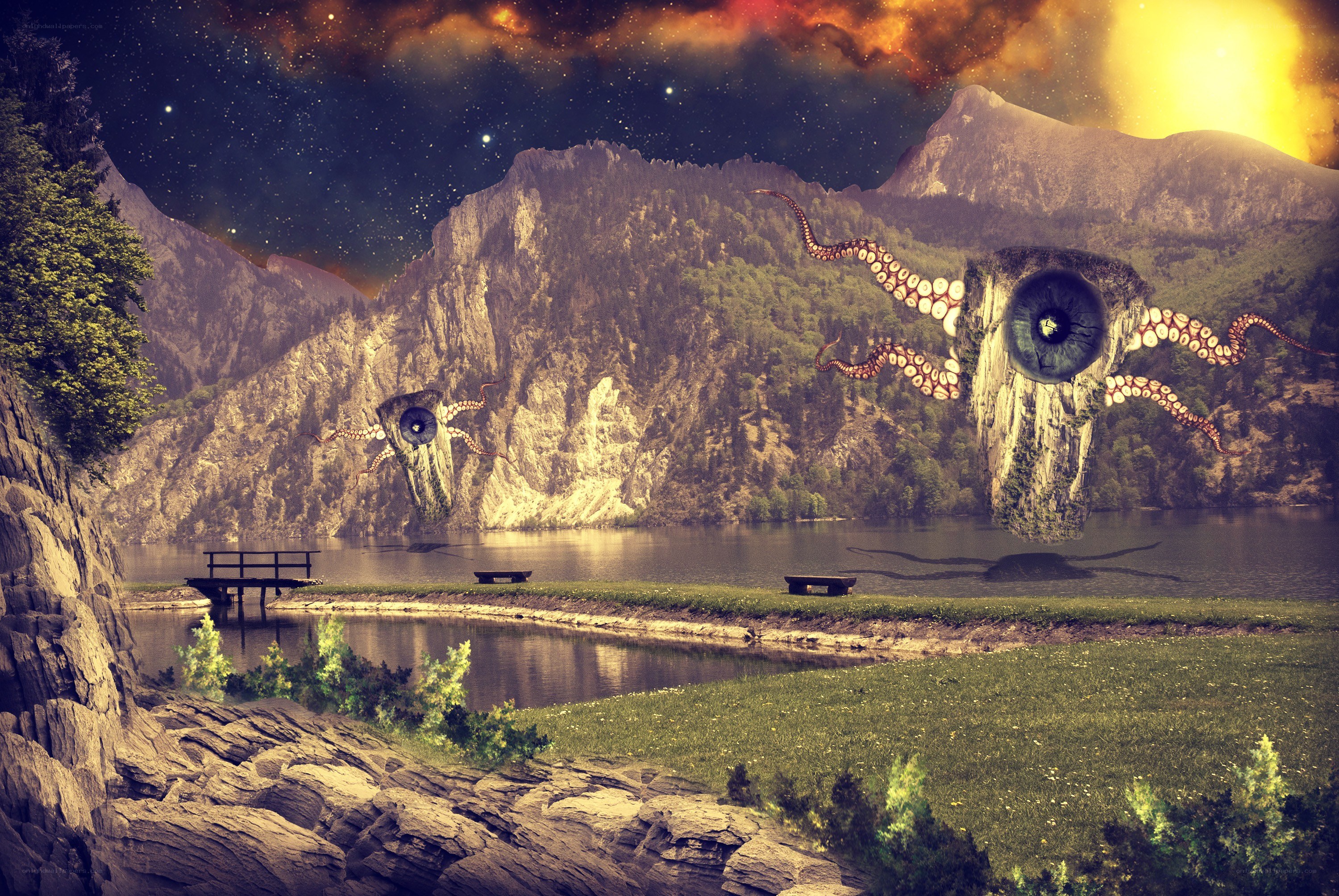 cosmic octopus over mountain lake