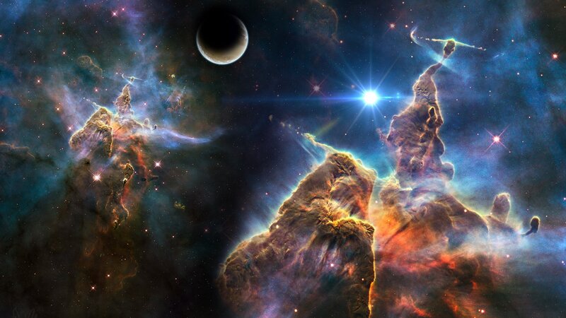 Cosmic Pillars in Nebula — Blue, Dramatic